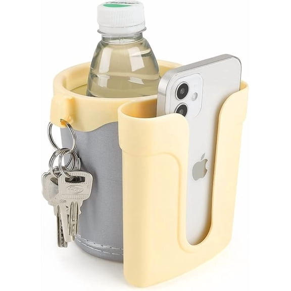 3-in-1 Bike Cup Holder with Cell Phone Keys Holder, Bike Water Bottle Holders, Universal Bar Drink Cup Can Holder for Bicycles, Motorcycles, Scooters, Yellow Grey