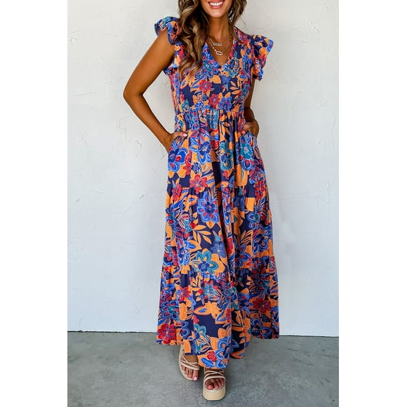 FOLUNSI Elegant Dark Blue Floral Maxi Dress: Boho Style for Everyday Glamour