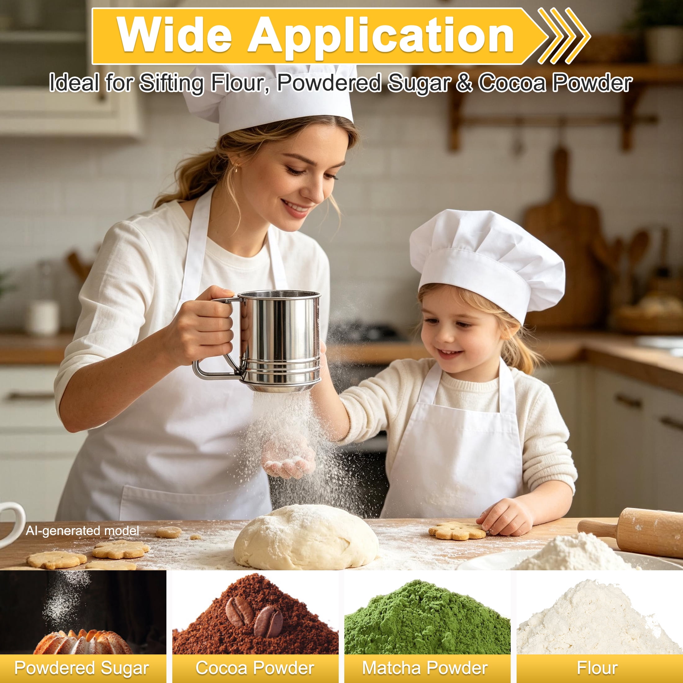 CISILOV 4‑Cup Flour Sifter for Baking, Stainless Steel Hand‑Crank Powder Sifter, One‑Hand Operation Fine Mesh Sieve for Flour, Powdered Sugar, Cocoa, Matcha, Baking Tool