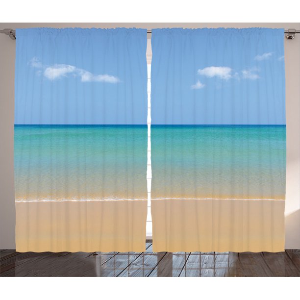 Ocean Decor Curtains 2 Panels Set, Still Calm Sea At The Beach With Aquatic Landscape Sun Peace