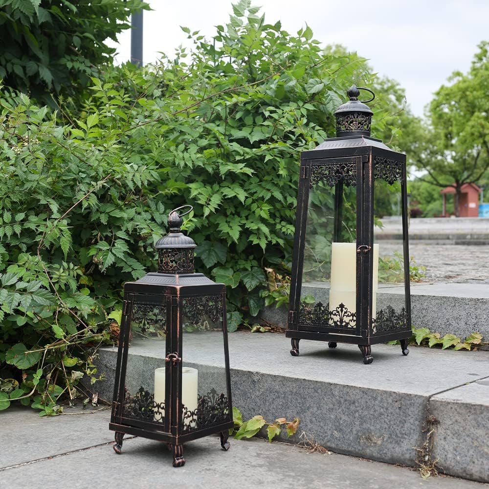 2Pack Extra Large Outdoor Lanterns, 25" Black Flameless Candle Holders Decorative for Patio, Metal Frame with Glass, Vintage Farmhouse Front Porch Decor, Garden, Pathway, Balcony, Yard Decor