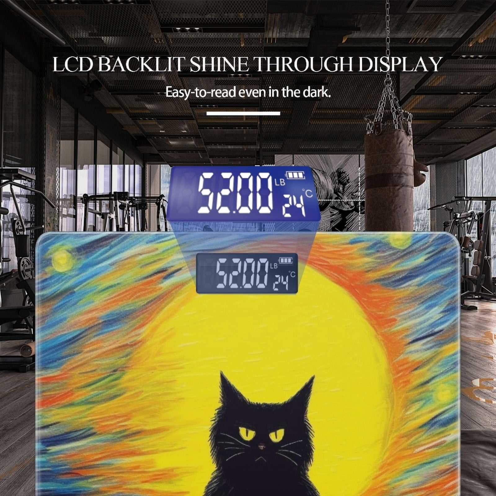 High Precision Body Weight Scale Smart Bathroom Scales with Large LCD Display(400lbs),Decorative for Bedroom-Black Cat Sitting In Front Of The Yellow Sun