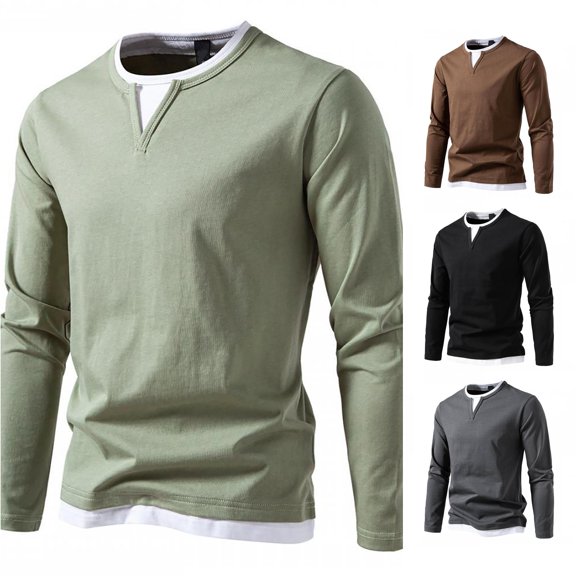 Afdoent Mens Long Sleeve T-Shirt Men’S Fall Fashion V Neck Solid Color T Shirt Comfort Casual Wear For Everyday Wear