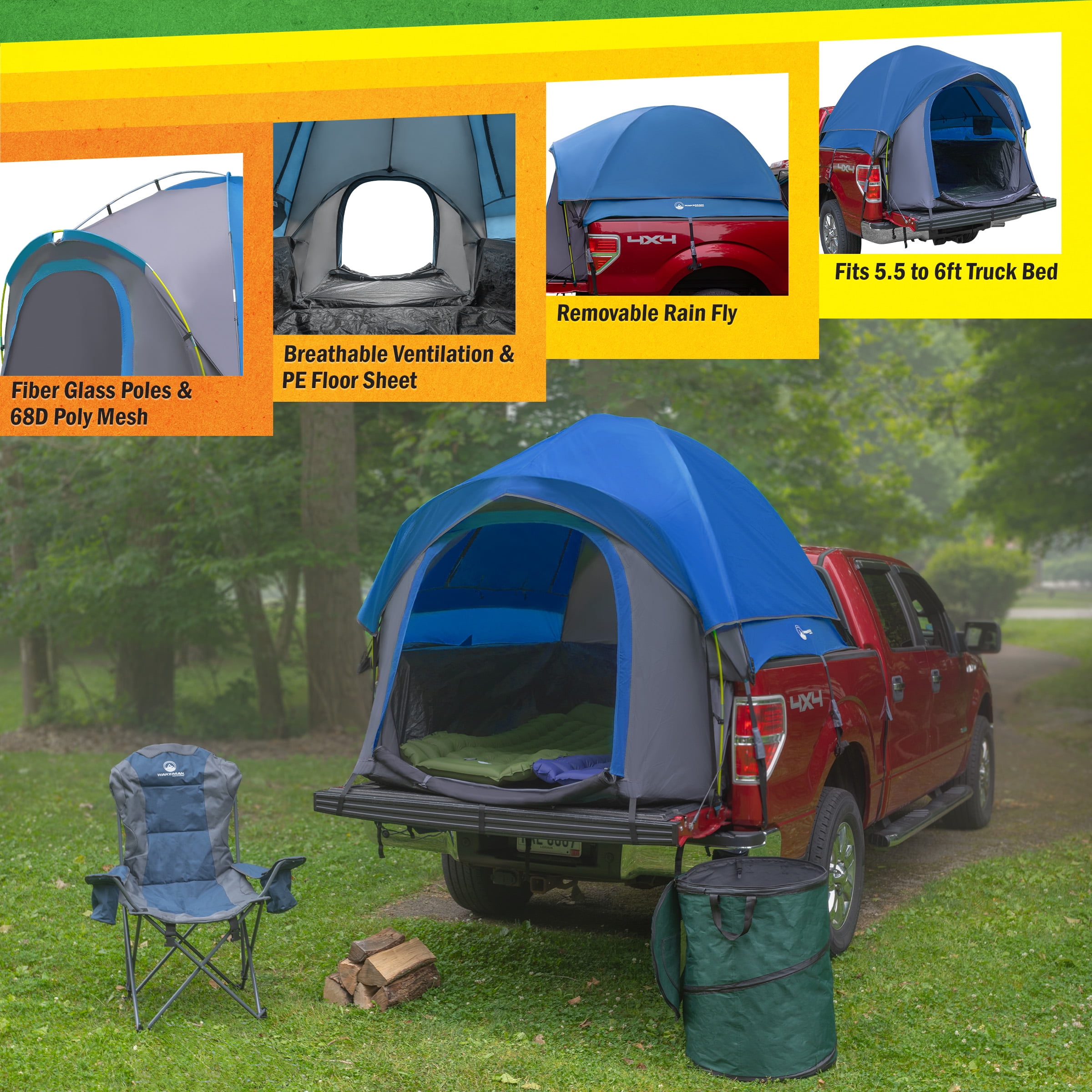Wakeman Outdoors Water-Resistant Truck Bed Camping Tent for 5.5-6 Ft, 2-Person, Blue