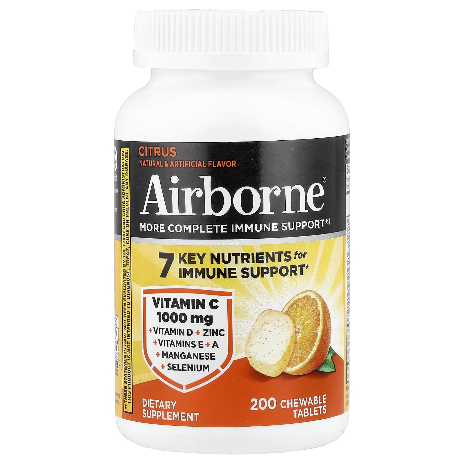 Airborne 1000mg Chewable Tablets with Zinc, Immune Support Supplement with Powerful Antioxidants Vitamins A C & E - 200 Tablets, Citrus Flavor