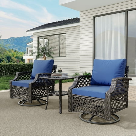 Vicluke 3 Piece Outdoor Swivel Chair Set, Wicker Patio Bistro Set with Thickened 25D Cushions and Glass Coffee Table, Patio Furniture Conversation Set for Deck, Yard, Garden, Poolside(Navy Blue)