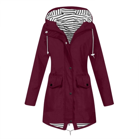 Hooded Rain Jacket for Women Long Sleeve Zipper with Pockets Waterproof Windbreaker Outdoor Casual Softshell Jacket Coat