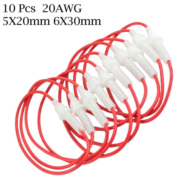 AGC Glass Inline Fuse Holder – 10-Pack, 25cm Length, For 5x20mm / 6x30mm Fuses, 250V 30A, Heat-Resistant