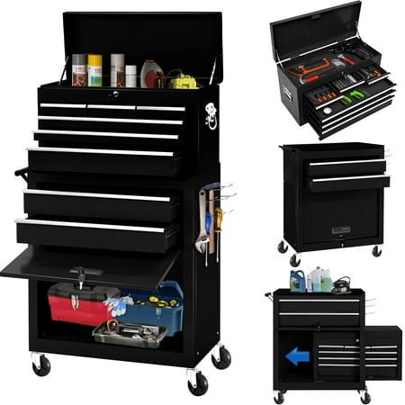 

Miniyam Rolling Tool Chest 8-Drawer Detachable Tool Storage with Large Cabinet Tool Box Organizer for Garage Workstation Black