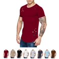 thumbnail image 3 of Camisetas de cuello redondo sueltas de color sólido rasgadas para hombre Camiseta de manga corta curvada ahuecada informal para hombre Advancent FS7578-01, 3 of 7