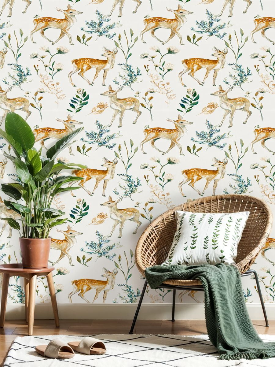 Peel and Stick Wallpaper Cute Baby Deer Wildflowers Watercolor Hunting Wildlife Wall Mural 17.7in x 9.8ft Self Adhesive Removable Wall Paper Renter Friendly Wallpaper for Nursery Bedroom Cabinets