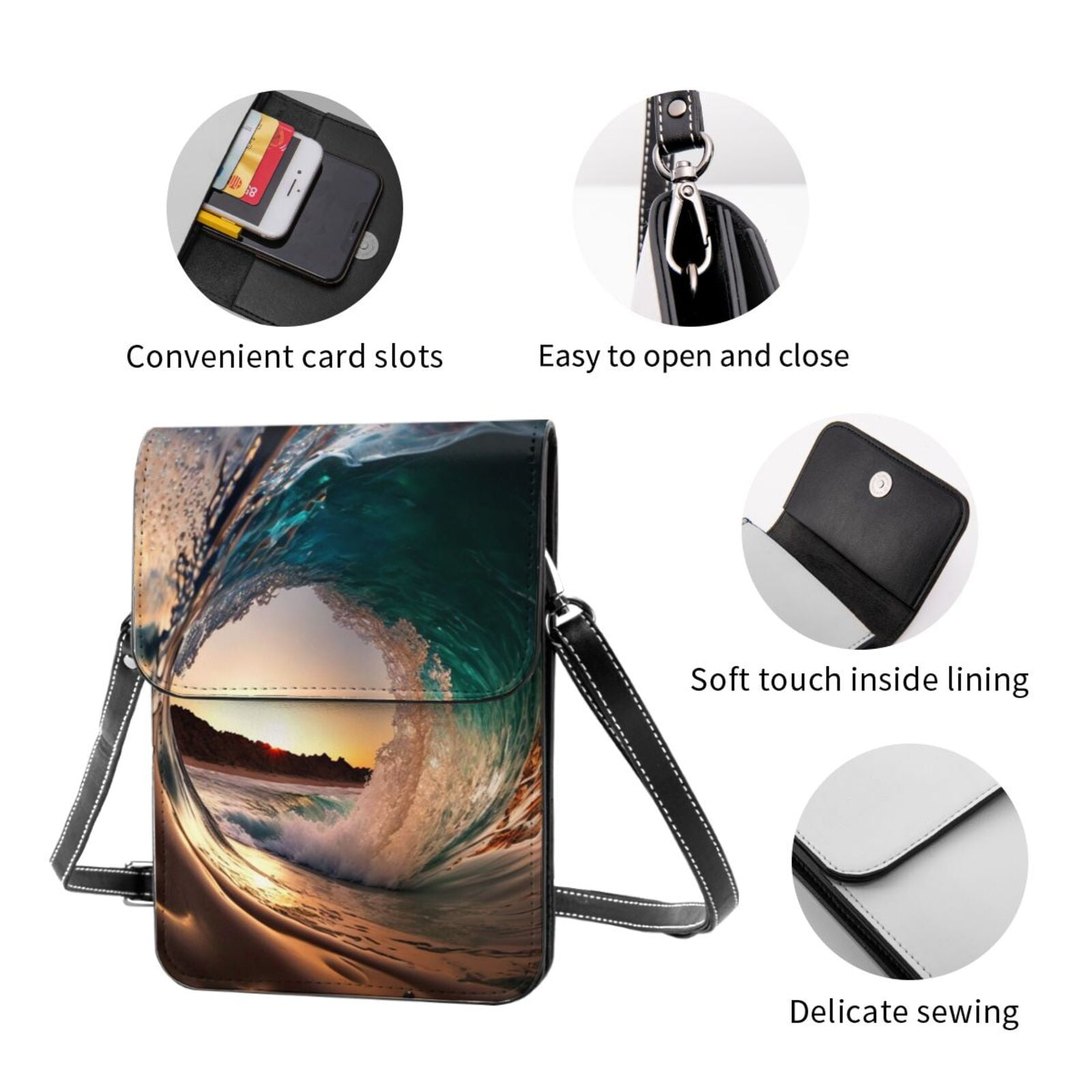 Wave Inside Hollow Morning Surf Cell Phone Purse Small Crossbody Bag with Strap Credit Card Slots Leather Shoulder Wallet for Women