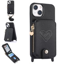 ELEHOLD Crossbody Wallet Case for iPhone 15 with Card Holder, Zipper Card Slot Shockproof Purse Stand Cover with Removable Lanyard Crossbody Shoulder Strap 6.1 Inch,Black