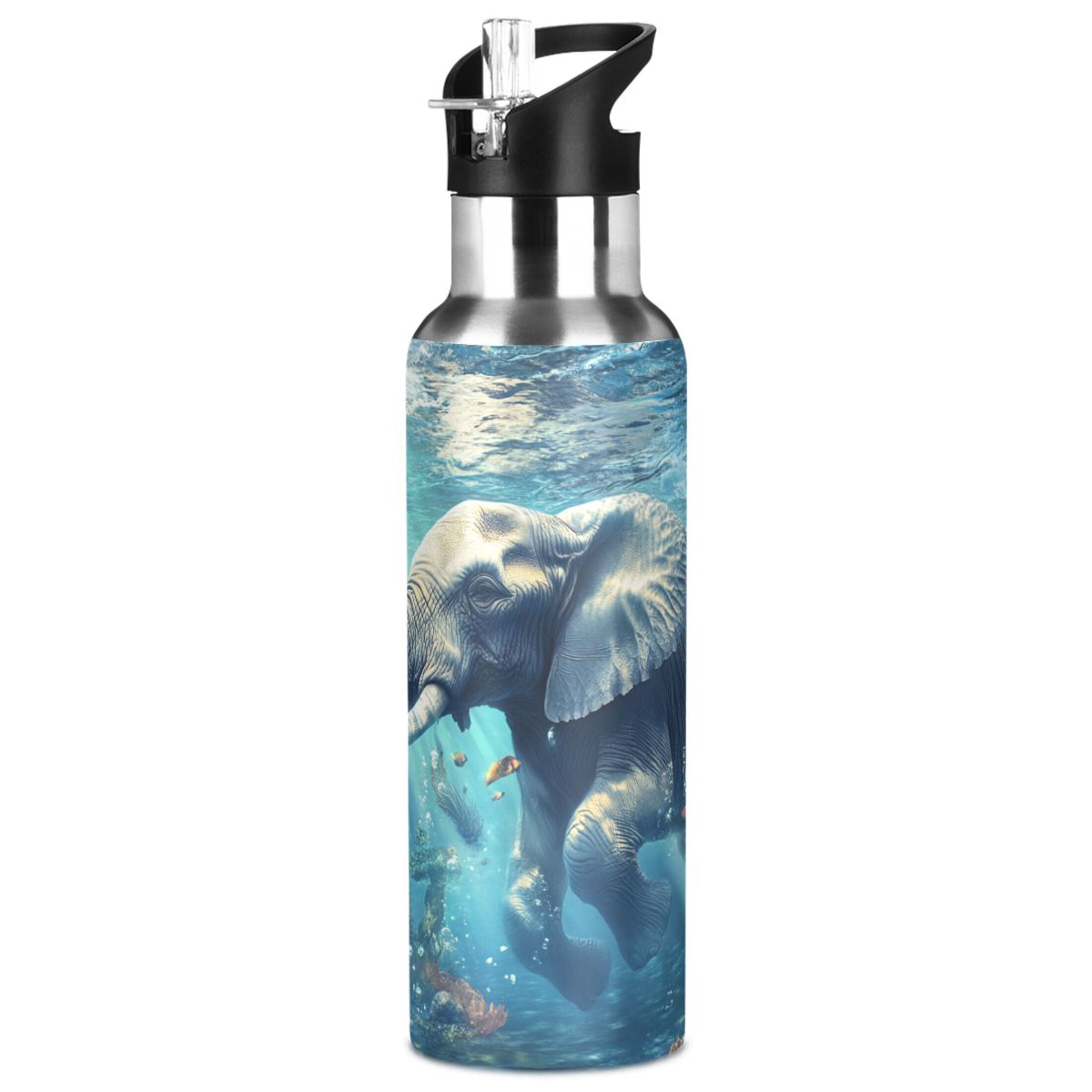 Elephant Swimming under Sea Sports Bottle with Straw Stainless Steel Water Jug Portable Thermal Cup Leak-proof 1000ML