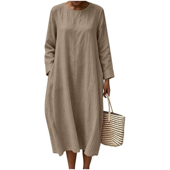 Lmueinov Dresses for Women Long sleeve Flowy Casual Cotton Linen Dress Lightweight Tunic Dress with Pockets Beach Vacation Sundresses