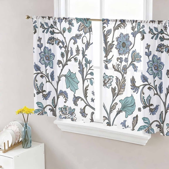 Sheer Curtains 45 Inch Length 2 Panels Set for Kitchen, Boho Leaf Semi Sheer Curtains for Windows, Teal Green Spring Farmhouse Pastoral Tribal Voile Window Treatments Rod Pocket Curtain