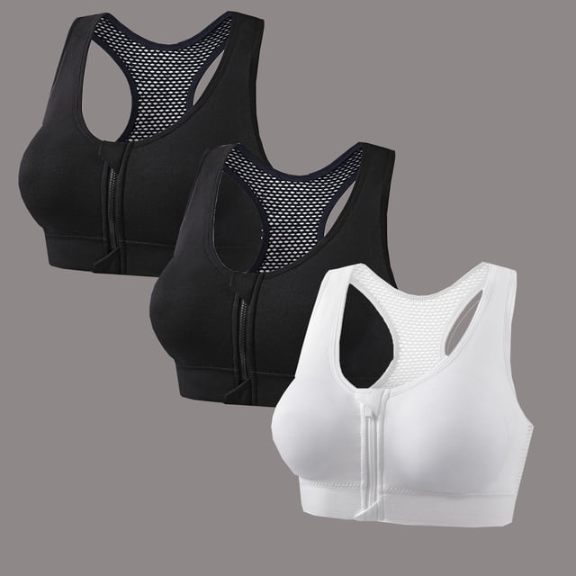 huilin 3Pack Women's Wireless Zip Front Cross Back Push Up Sports Bra - Solid Color