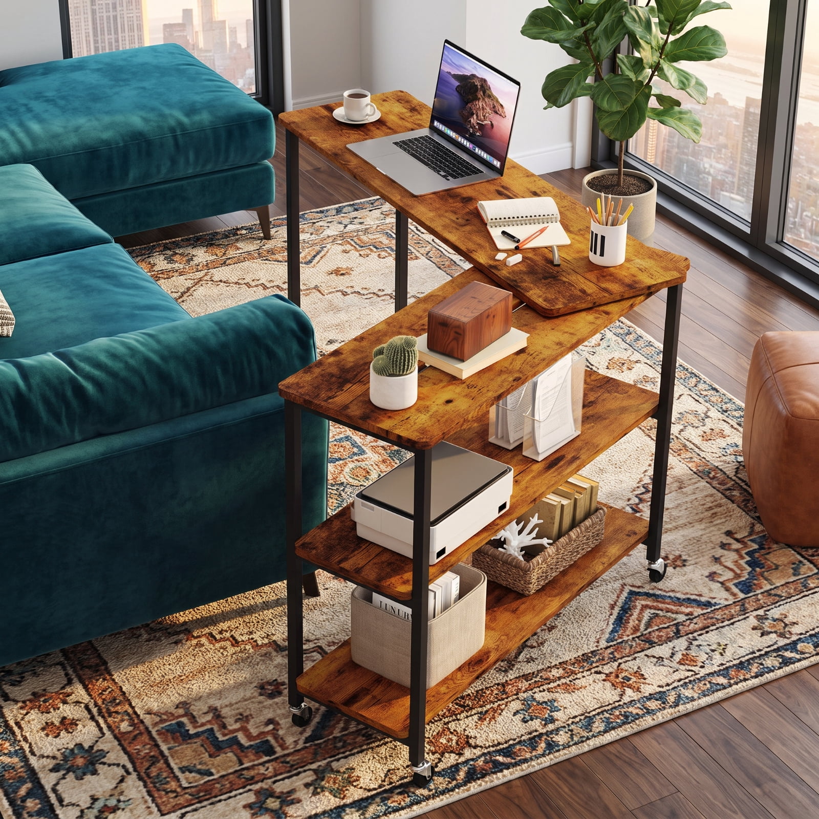 Furnibear Large 360 Degree Rotating Sofa Side Table with Lockable Wheels and Two Tier Storage Shelf for Living Room Office and Entryway, Brown