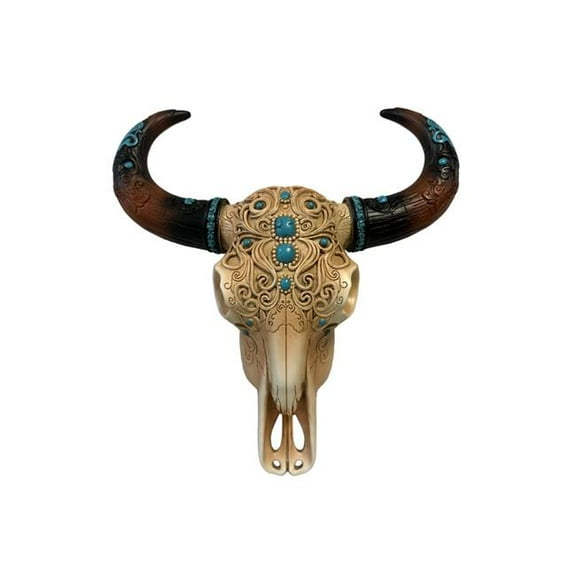 De Leon Collections  Southwestern Ornate Scroll Bone Longhorn Cow Bull Skull with Turquoise Horns Hanging Wall Dcor