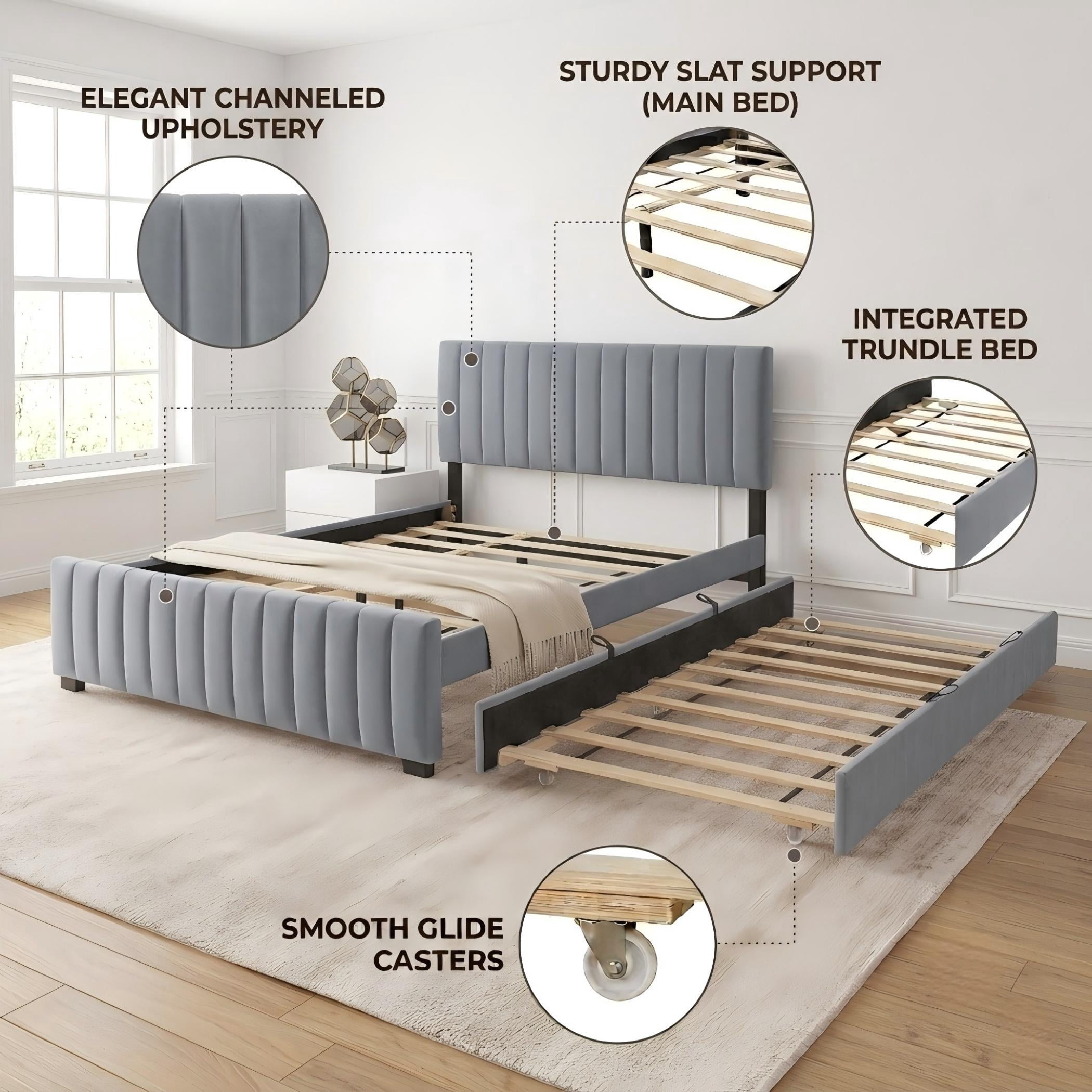 Aukfa Queen Size Upholstered Bed Frame with Twin XL Trundle, Velvet Tufted Headboard & Footboard, Gray