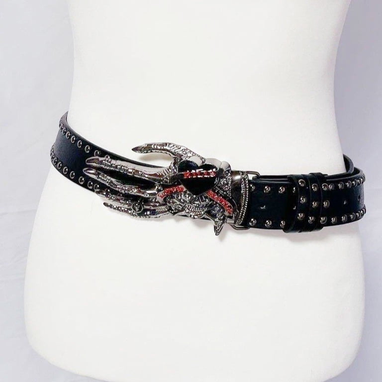 Punk Rivet Belt with Skull Buckle, Gothic Y2K Style Leather  display picture 3