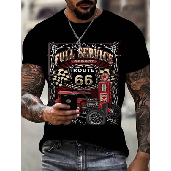 Mens Multicolor 3D Route 66 Garage Graphic T-Shirt - Short Sleeve, Retro Streetwear Style