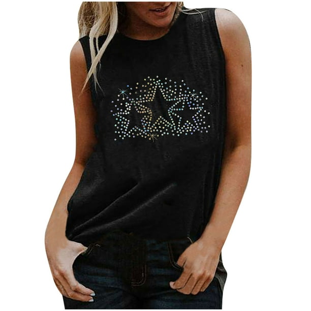 Camiseta sin mangas suelta con cuello redondo y lentejuelas reflectantes coloridas para mujer Pompotops lopia990514