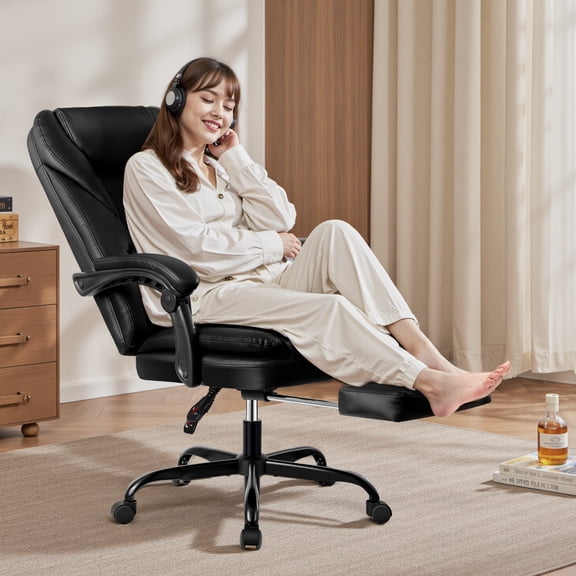 Primy Premium Executive Office Chair - Big & Tall PU Leather Reclining Chair with Footrest & Lumbar Support, 400lb Heavy Duty Ergonomic Computer Desk Chair for Home/Office, Black