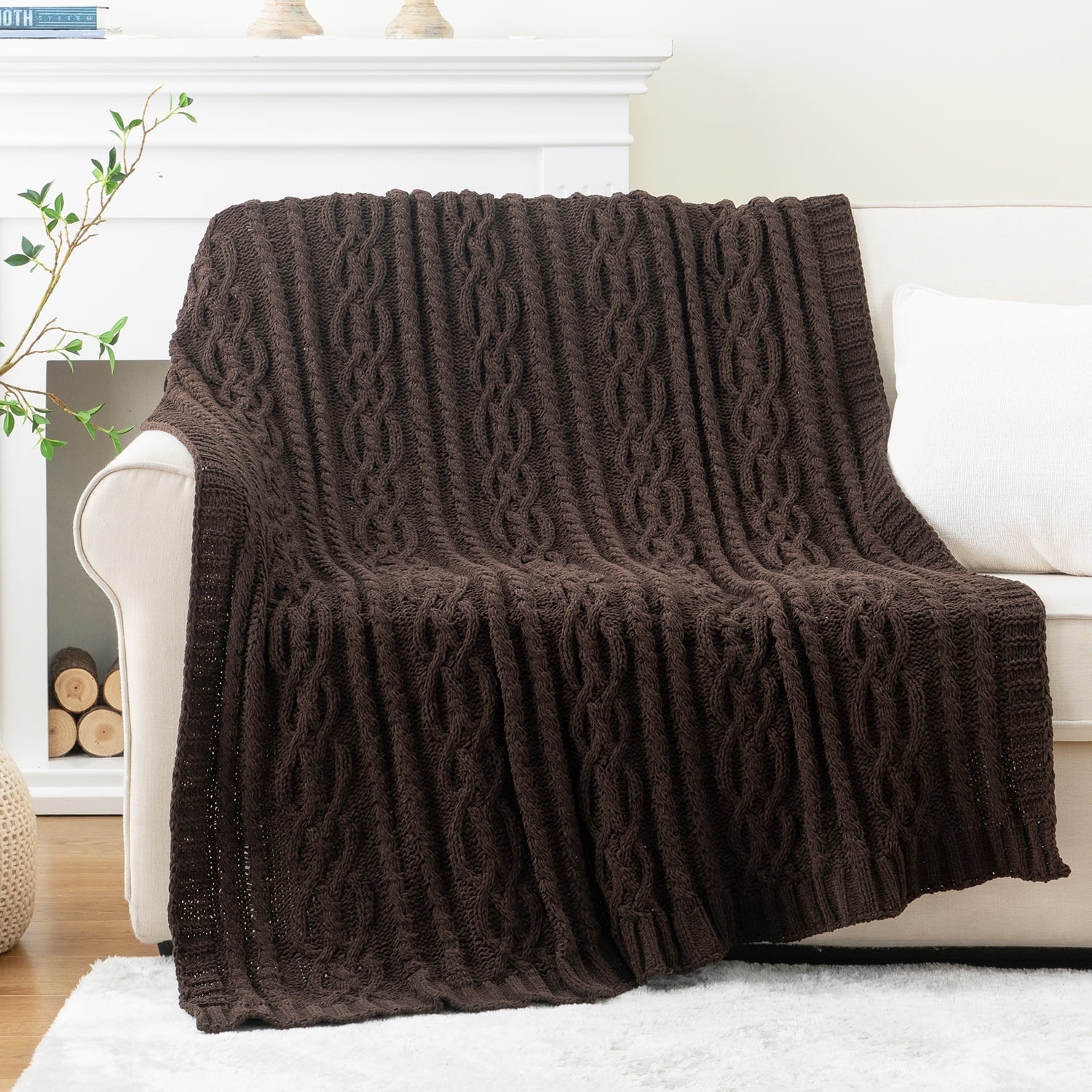 Battilo Chocolate Brown Chenille Throw Blanket, Soft Woven Knit Decorative Blanket for Couch Bed,51"x67"
