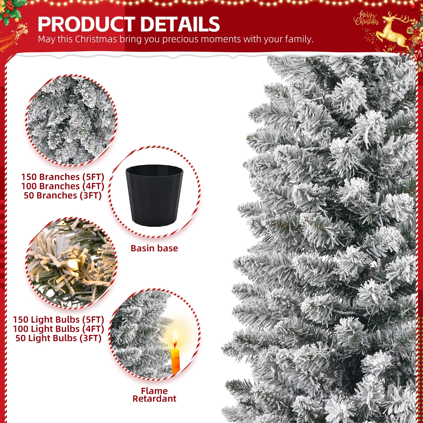 Astoutdoor Set of 3 Pre-lit Snow Flocked Artificial Christmas Trees with Pot Stands, 3/4/5 ft, Warm White LED Lights, Battery Operated, Snowy Green