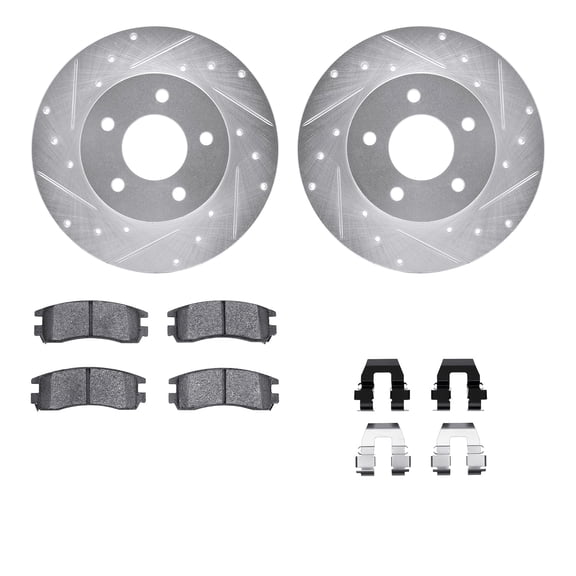Dynamic Friction Company Rear Brake Rotors-Drilled and Slotted-Silver with 5000 Advanced Brake Pads includes Hardware 7512-52000