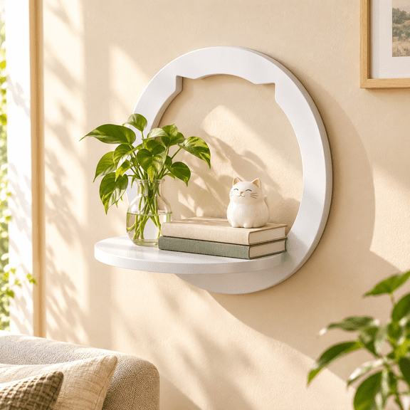 No Drill Floating Shelf – White Plastic Wall Mount Display Rack for Plants, Books & Decor, Damage‑Free Installation for Bedroom, Kitchen, Office