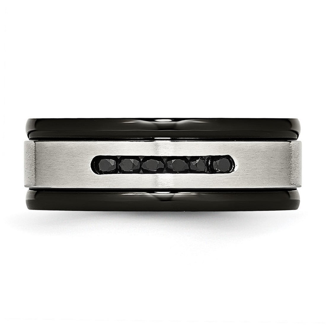 8mm Stainless Steel Brushed Polished Black Ip Grooved Blk Cubic Zirconia Ring Size 7 Ring for Women