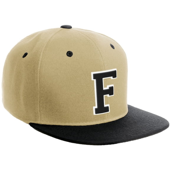 Daxton Classic Snapback Hat Custom A to Z Initial Varsity Letters, Khaki Black Hat White Black Letter F