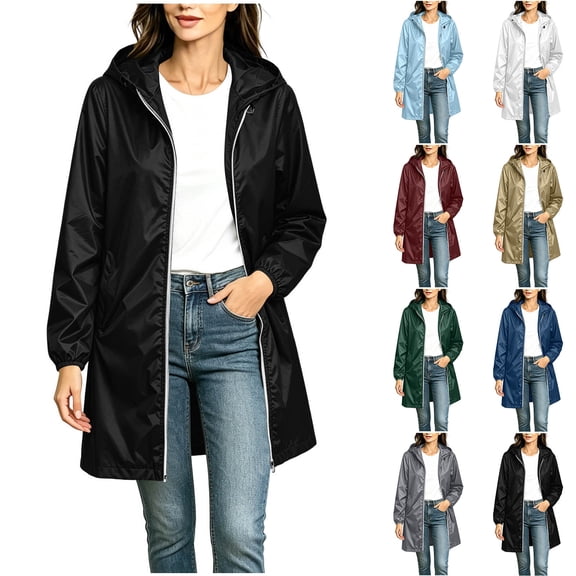 Enjoytime Rain Coats for Women Waterproof Hooded Long Rain Jacket Outdoor Travel Lightweight Windbreaker