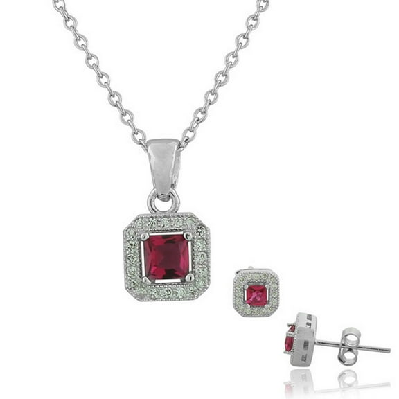 925 Sterling Silver Pink White CZ Square Charm Womens Pendant Necklace Stud Earrings Set