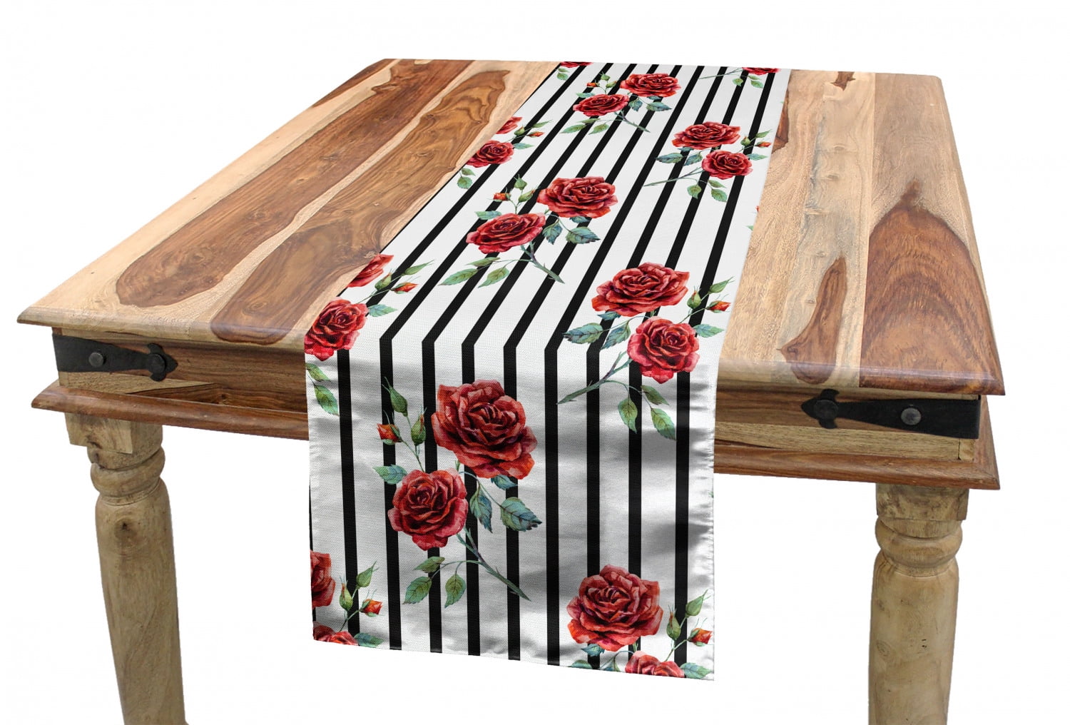 Watercolor Table Runner, Rose Pattern with Vertical Stripes Pattern