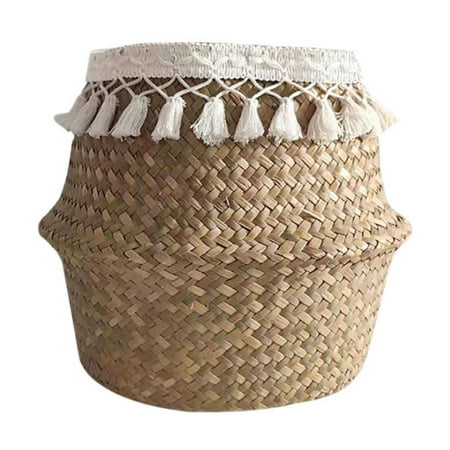 

Woven Seagrass Belly Basket Tassel Macrame Hand Woven Seagrass Belly Basket for Storage Picnic Plant Basin Cover Groceries Home Decor and Woven Straw Beach Bag