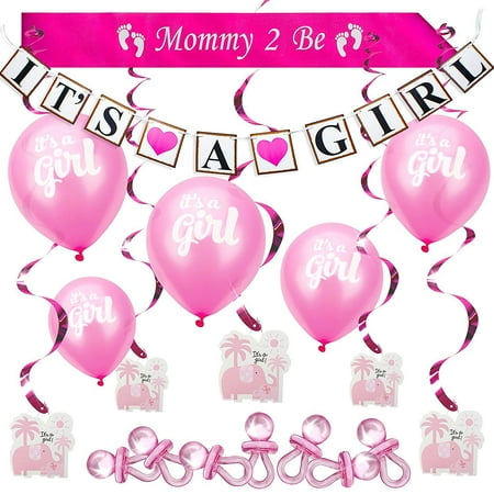 Girl Party Set Baby Shower Set Girl Pink Decoration Party Bundle Kit Hottest Favors - It's a Girl Banner, Balloons, Mommy Sash, Foil Elephant Swirls, Large Acrylic Pacifiers for Table Scatter Confetti ()