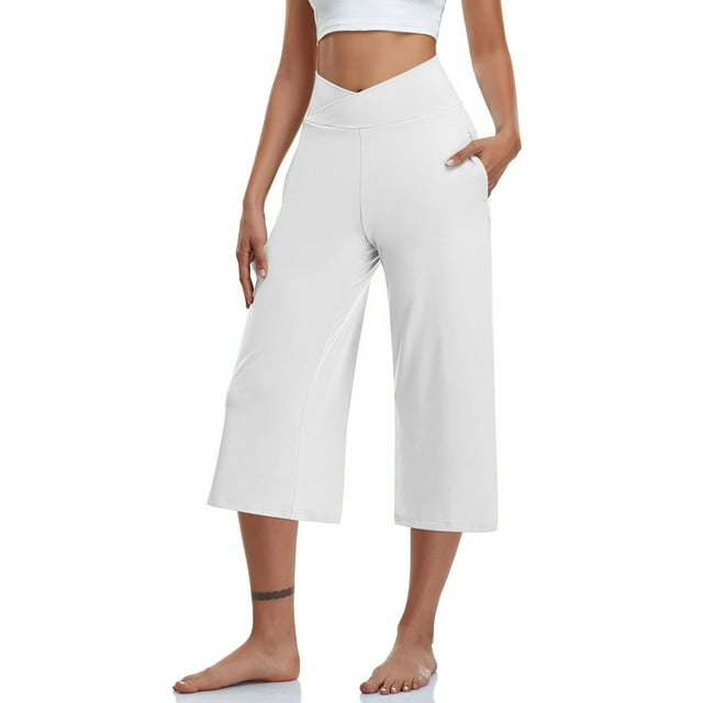 Jsaierl Womens Capris with Pockets Elastic High Waisted Capris Wide Leg Loose Comfy Capri Pants Plus Size Solid Color Straight Leg Capris