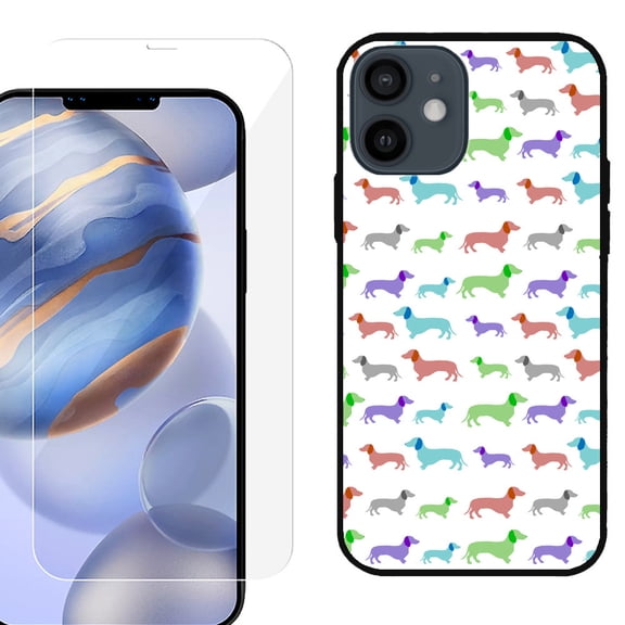 Slim-Fit Protective Phone Case (Black) compatible with iPhone 12 / iPhone 12 Pro, with Tempered Glass Screen Protector, by OneToughShield ® - Colorful Dachshund/Puppy
