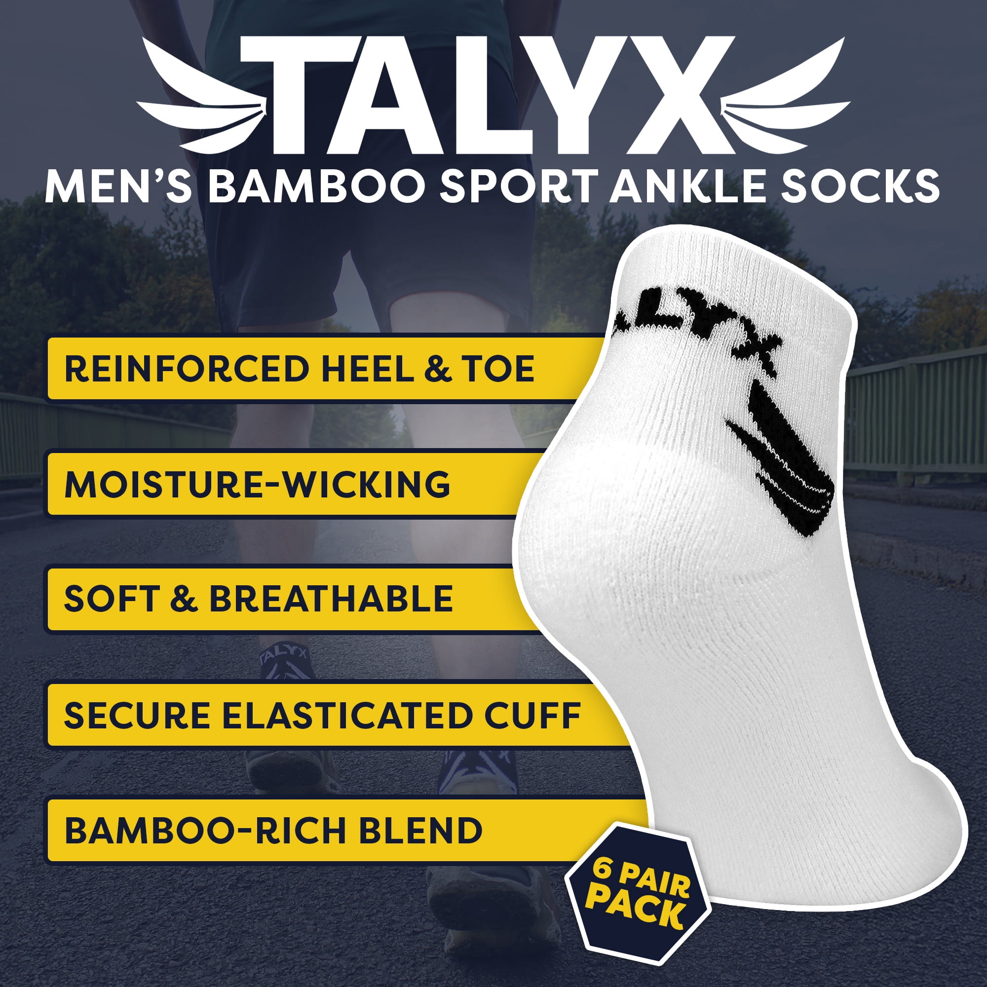TALYX - Men's Bamboo Ankle Socks 6-Pack, Breathable, Reinforced Heel & Toe