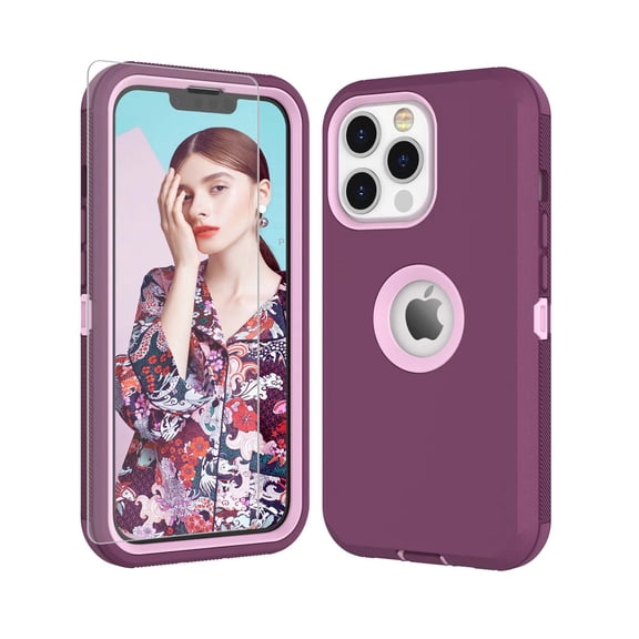 iPhone 13 Pro Max Cases, Njjex Heavy Duty Shockproof Protective Case for iPhone 13 Pro Max (6.7 Inch) with Tempered Glass Screen Protector - Wine Red