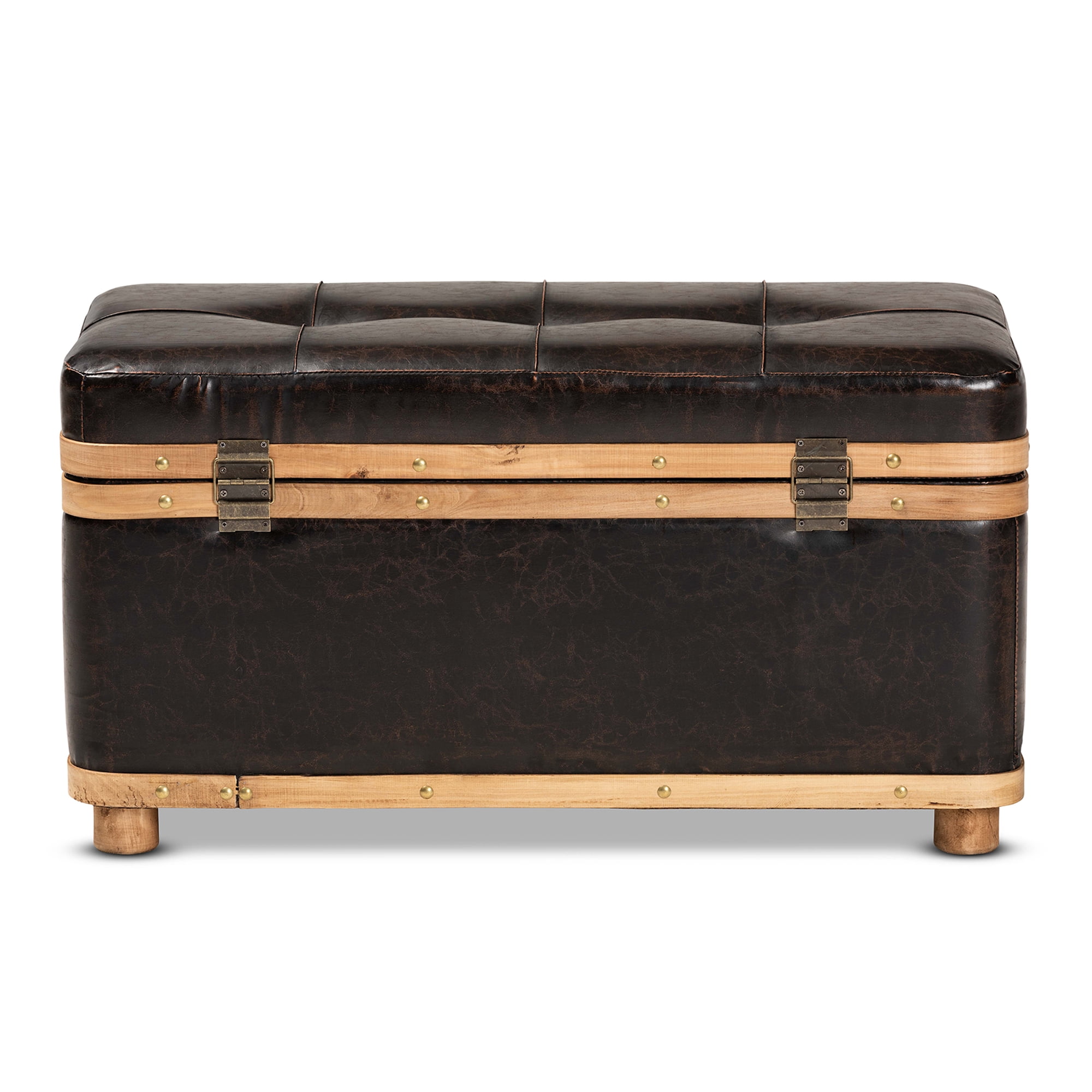 Baxton Studio Gendry Modern Rustic Transitional Dark Brown Faux Leather Upholstered and Oak Brown Finished Wood Large Storage Ottoman