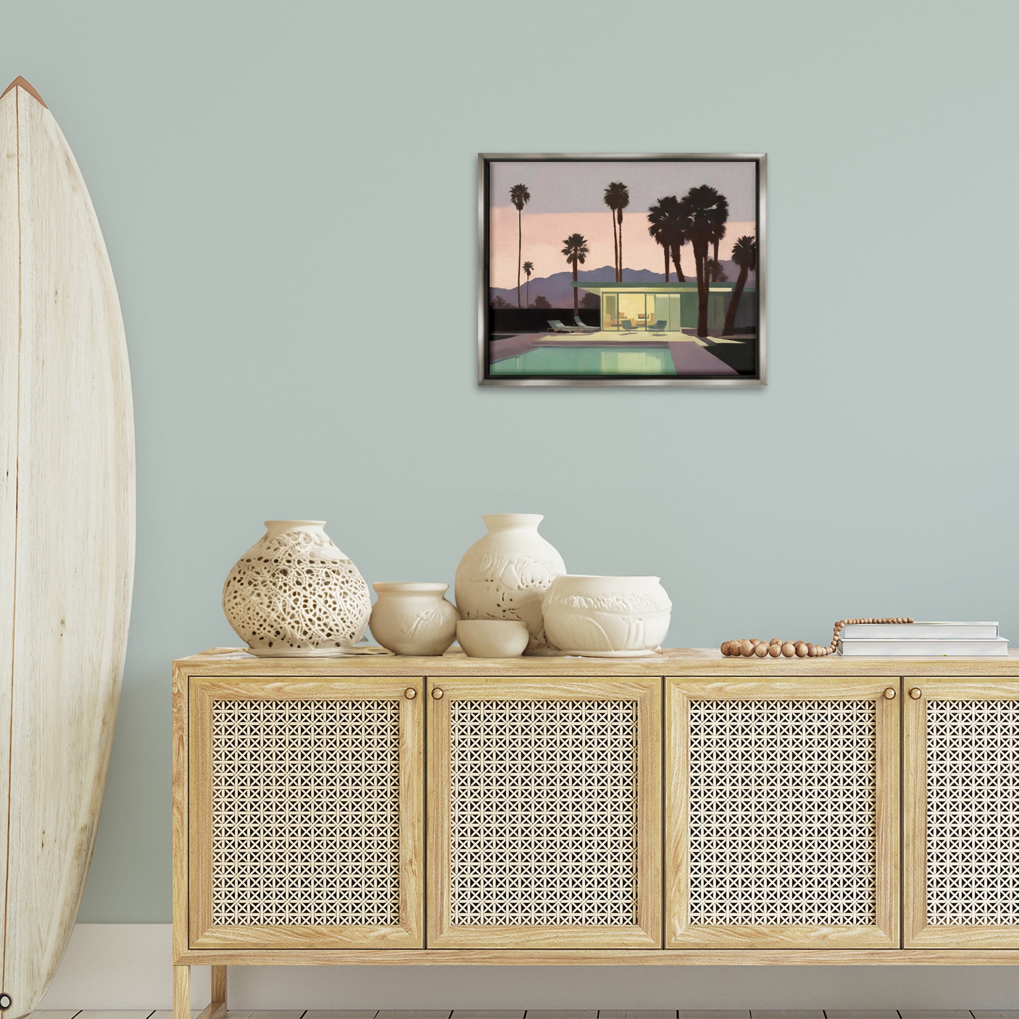 Stupell Industries Pool Surrounded by Palms Landscape & Nature Painting Gray Floater Framed Canvas Art Print Wall Art, 21 x 17