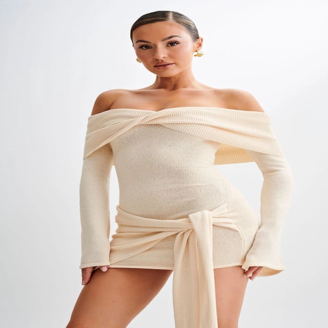 LYMAYTER Robe Mini en Crochet Tricoté Épaules Dénudées pour Femmes Robe Élégante de Cocktail