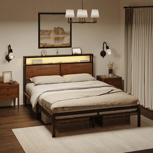 Cama King con cabecero de almacenamiento, luces LED, plataforma de metal