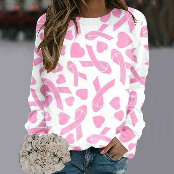 Jsaierl Breast Cancer Shirts for Women Pink Ribbon Graphic Sweatshirts Teen Girls Long Sleeve Tops Dressy Casual Womens Gift T-shirts