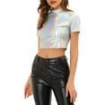 thumbnail image 4 of DARING DIVA Women's Mock Neck Short Sleeve Metallic Crop Tops T-Shirts M Silver, 4 of 6