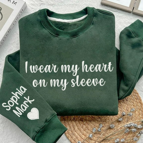 Personalized Embroidered I Wear My Heart on My Sleeve Hoodie Sweatshirt Heartful Mother's Day